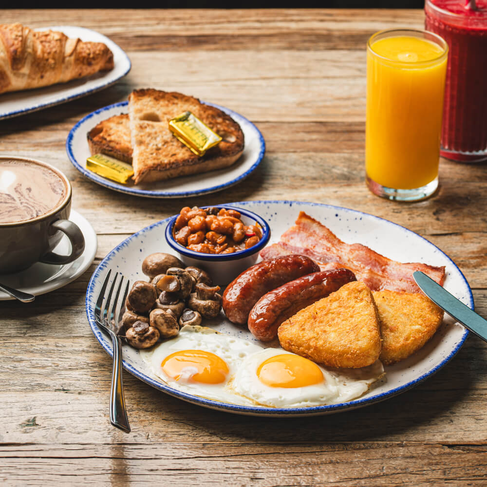 A full breakfast laid out on the table